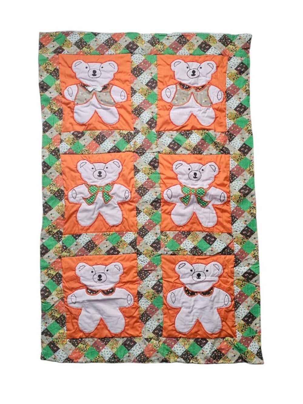 70s bear appliqued and embroidered baby quilted comforter